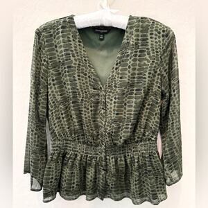 BANANA REPUBLIC | Green Snakeskin Silky Contemporary Smock Peplum Blouse | XS